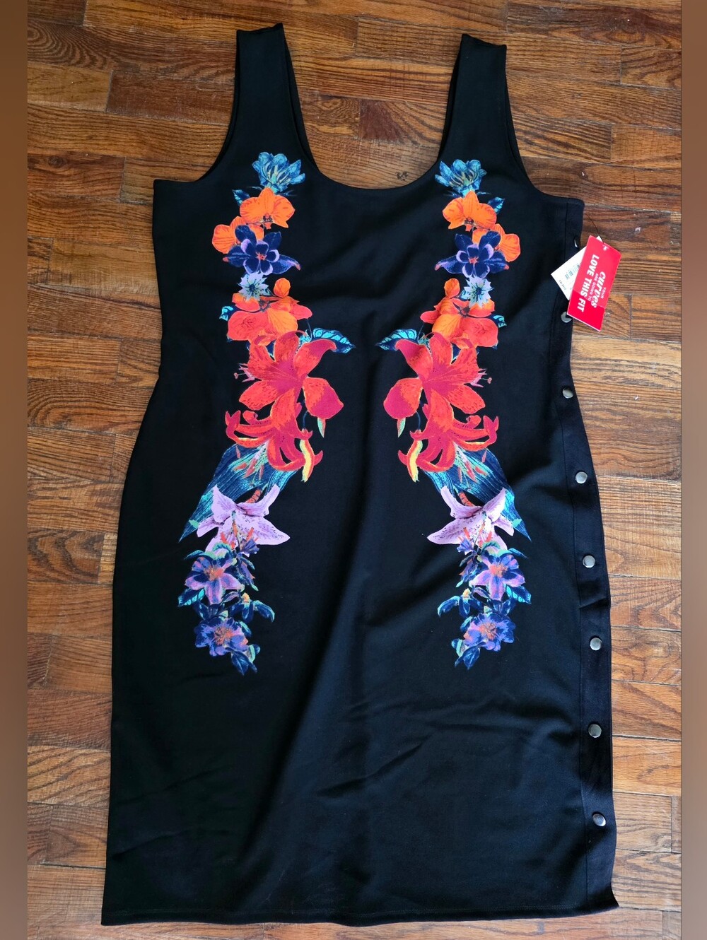 BOLD elements Black Mini Dress with Vibrant Floral Panels